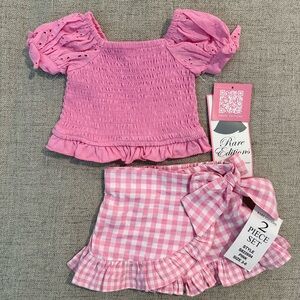 Rare Editions Pink Smocked Top and Gingham Skirt Set